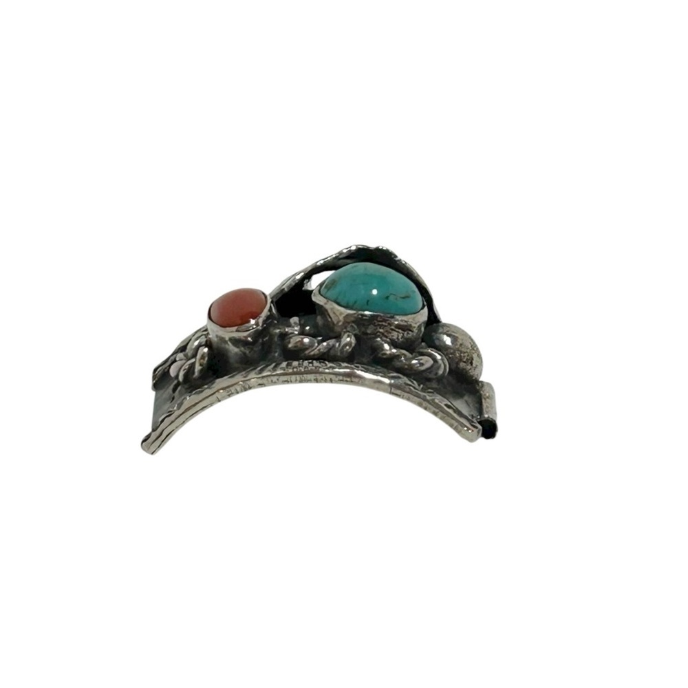 VINTAGE Native American Indian Sterling Silver piece Turquoise Coral Leaf - Picture 5 of 12